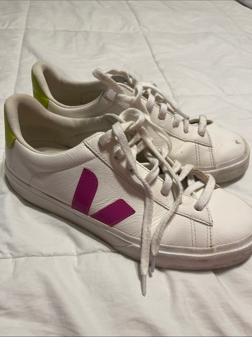 Veja Women's White Leather Sneakers with Pink V Logo and Lime Heel